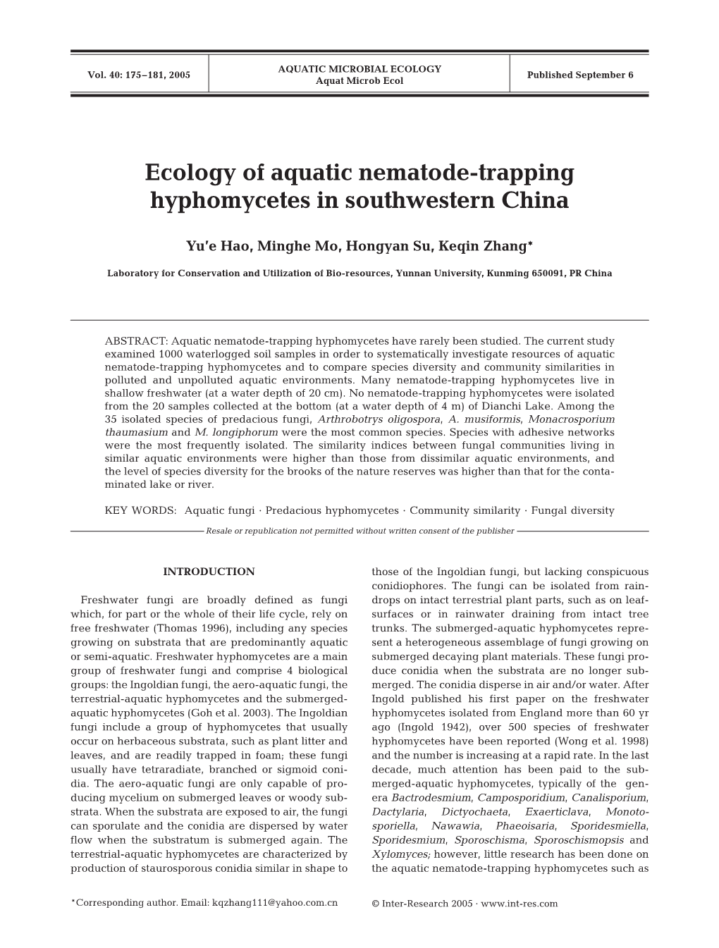 Ecology of Aquatic Nematode-Trapping Hyphomycetes in Southwestern China