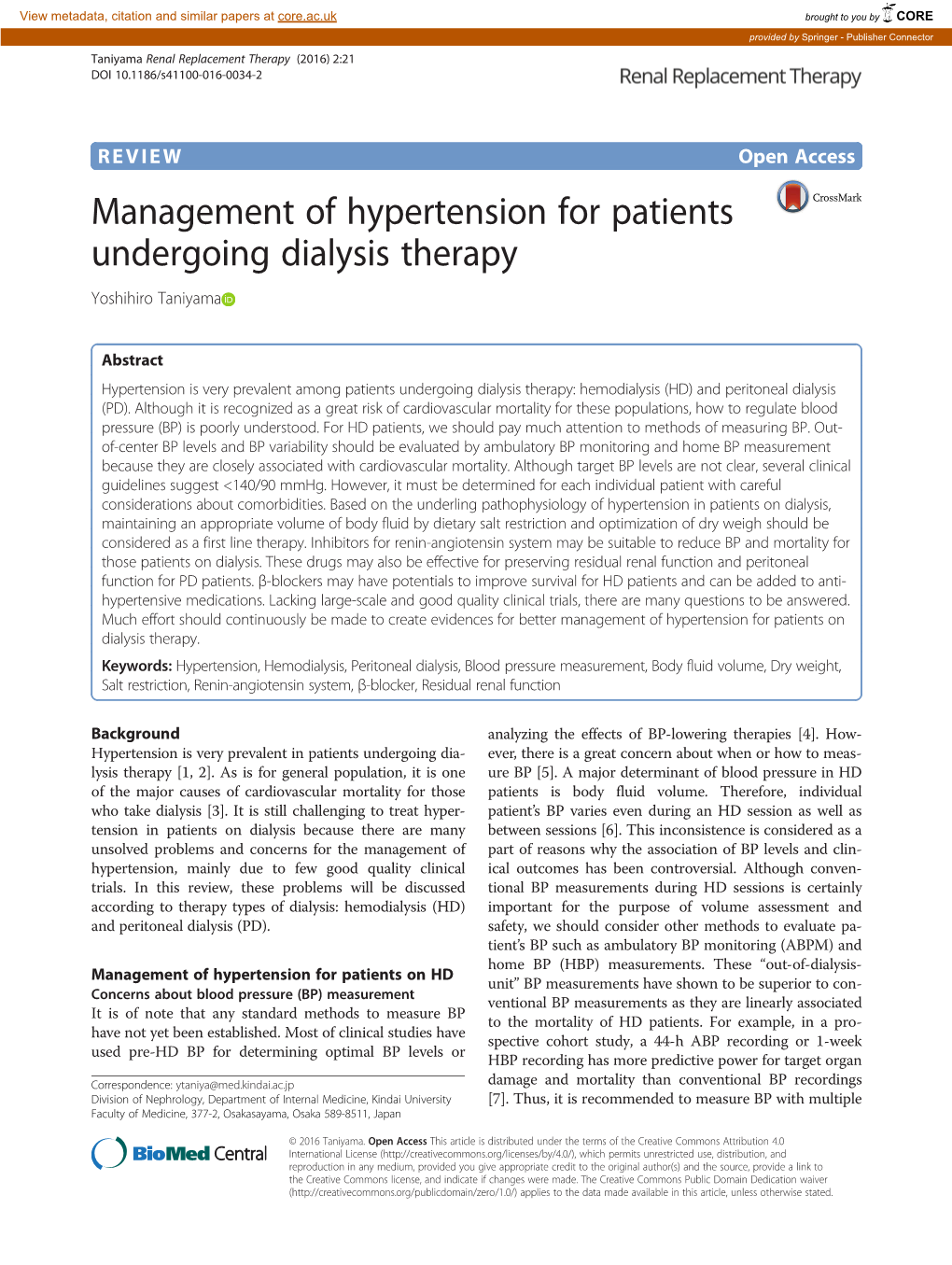 Management of Hypertension for Patients Undergoing Dialysis Therapy Yoshihiro Taniyama