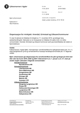 Dispensasjon for Minkjakt I Arendal, Grimstad Og Lillesand Kommuner