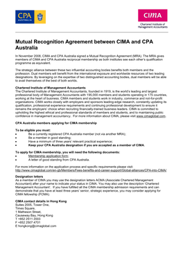 Mutual Recognition Agreement Between CIMA and CPA Australia