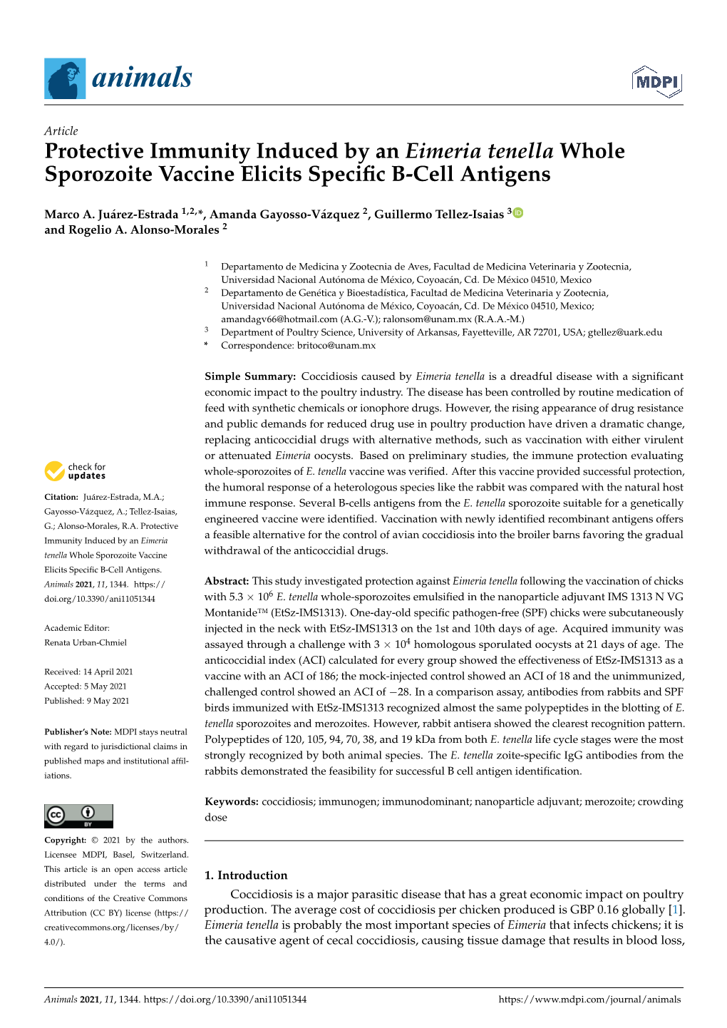 Protective Immunity Induced by an Eimeria Tenella Whole Sporozoite Vaccine Elicits Speciﬁc B-Cell Antigens