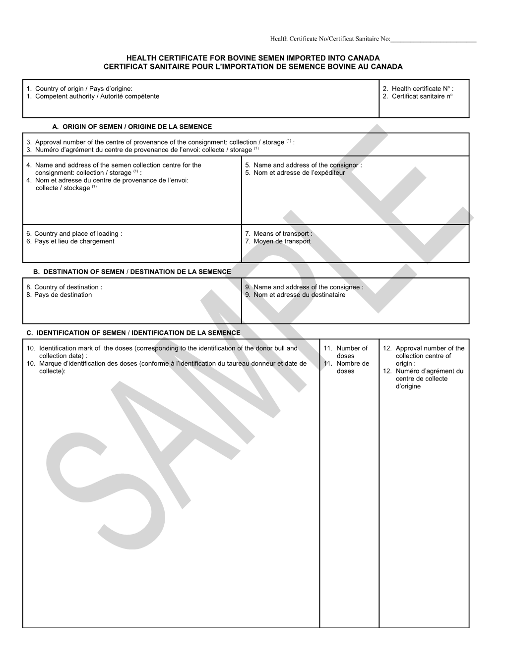 Health Certificate for Bovine Semen Imported Into Canada