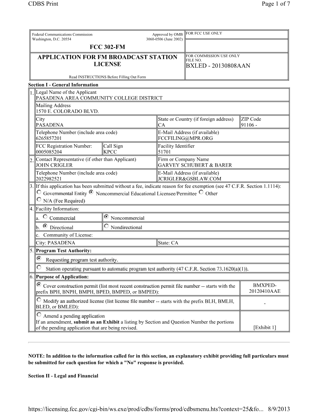 Fcc 302-Fm Application for Fm Broadcast Station License