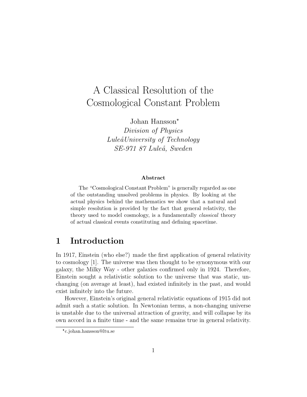 A Classical Resolution of the Cosmological Constant Problem