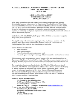 Miah Maull Shoal Light NOA & Fact Sheet
