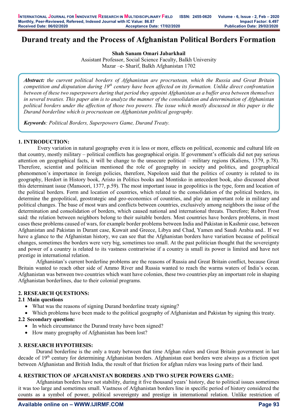 Durand Treaty and the Process of Afghanistan Political Borders Formation