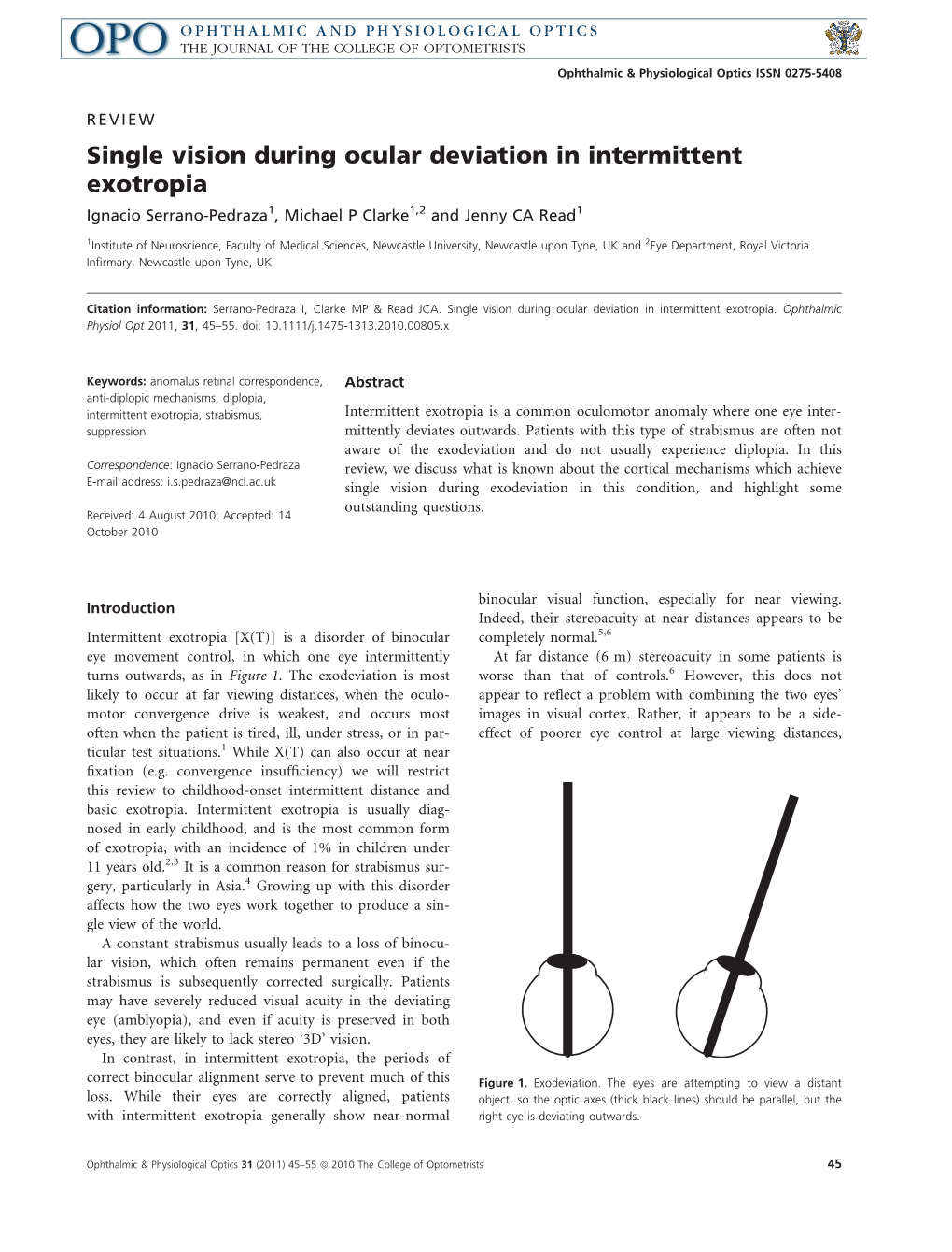 Single Vision During Ocular Deviation in Intermittent Exotropia Ignacio Serrano-Pedraza1, Michael P Clarke1,2 and Jenny CA Read1
