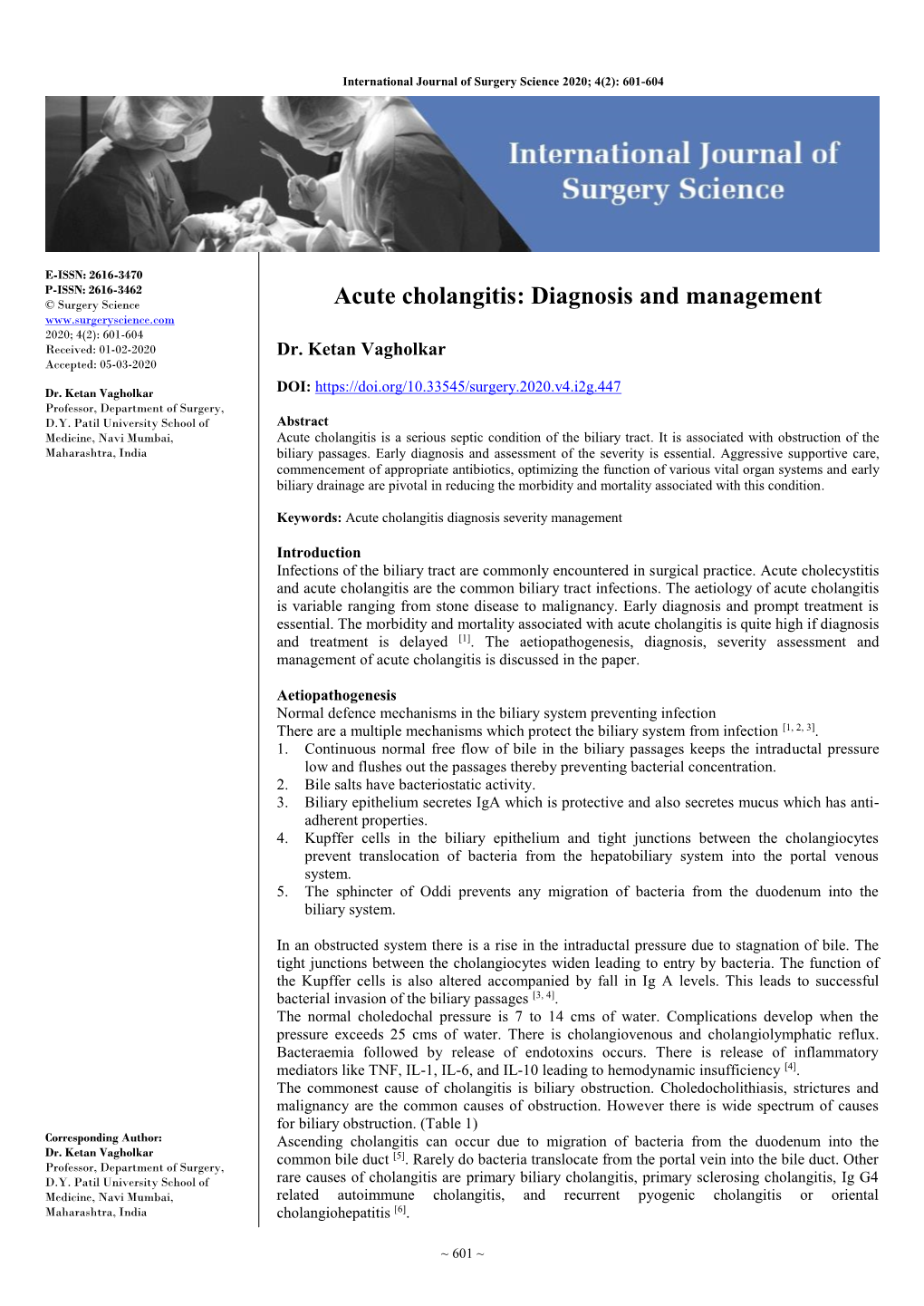 Acute Cholangitis: Diagnosis and Management 2020; 4(2): 601-604 Received: 01-02-2020 Dr