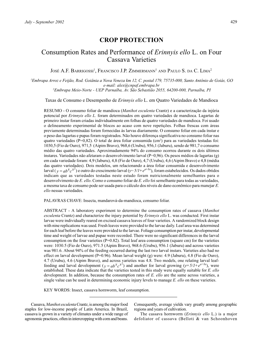 Consumption Rates and Performance of Erinnyis Ello L. on Four Cassava Varieties