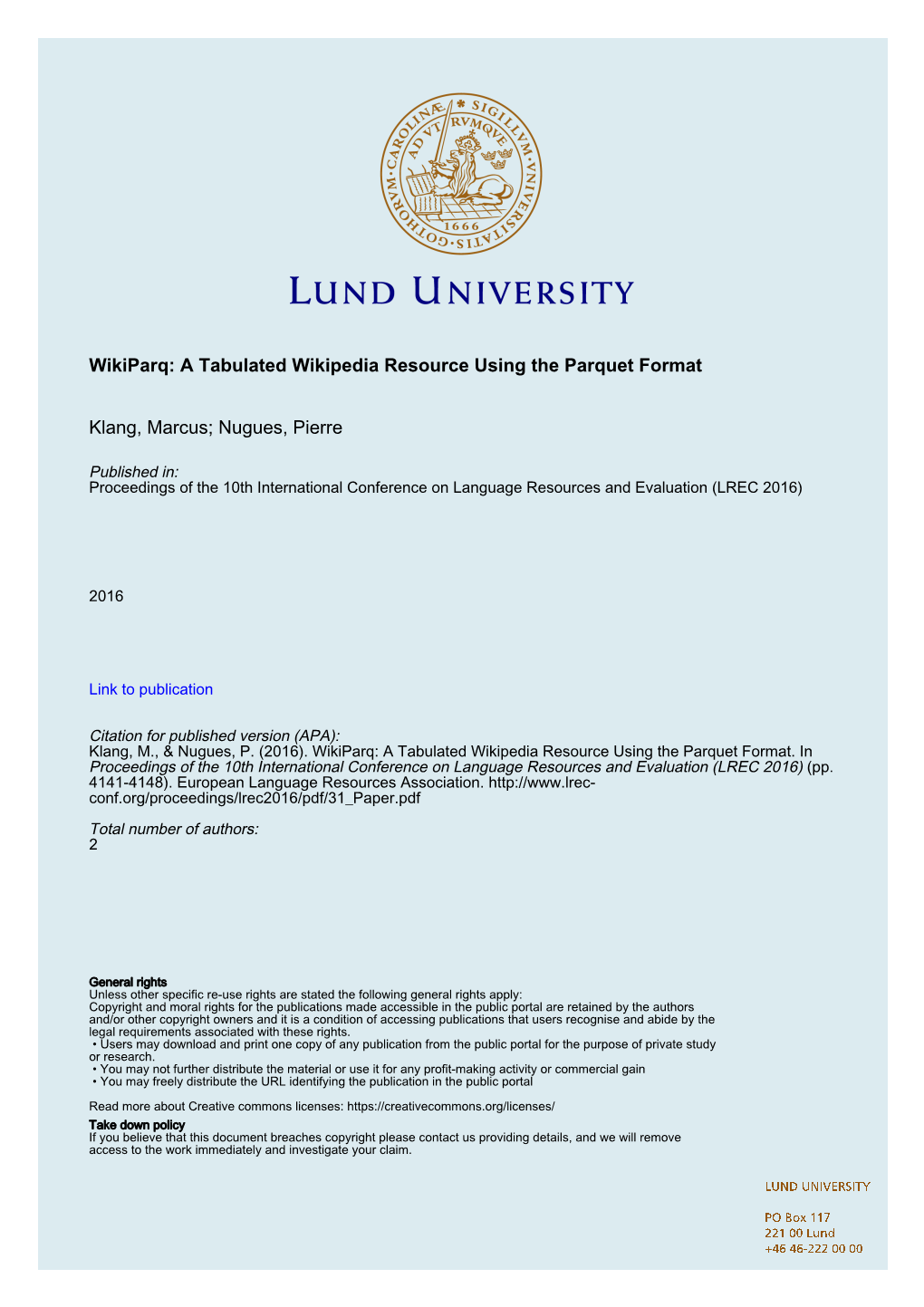 A Tabulated Wikipedia Resource Using the Parquet Format Klang