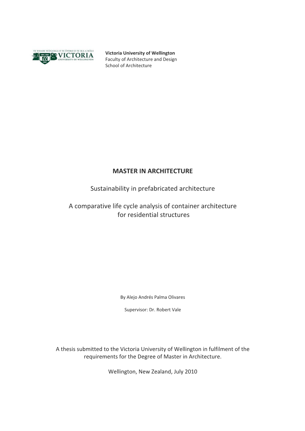 MASTER in ARCHITECTURE Sustainability in Prefabricated