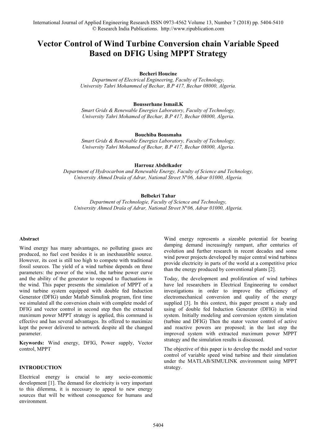 Vector Control of Wind Turbine Conversion Chain Variable Speed Based on DFIG Using MPPT Strategy