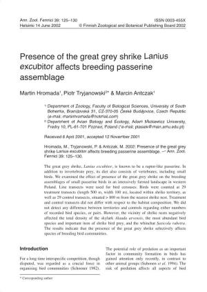 Presence of the Great Grey Shrike Lanius Excubitor Affects Breeding Passerine Assemblage