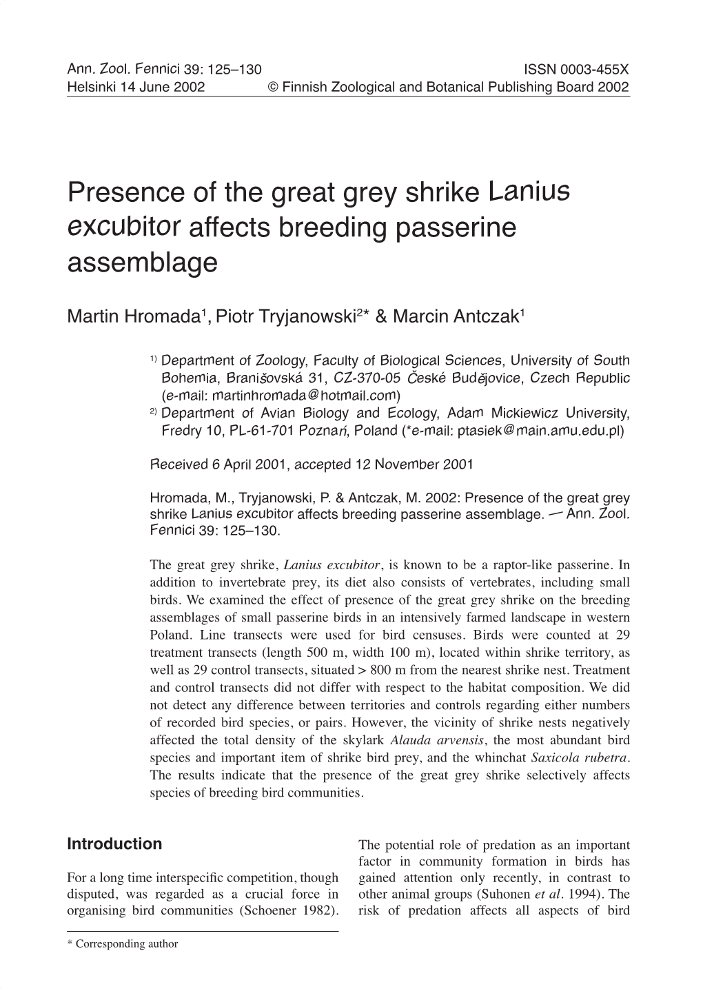 Presence of the Great Grey Shrike Lanius Excubitor Affects Breeding Passerine Assemblage