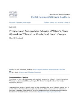 Predators and Anti-Predator Behavior of Wilson's Plover (Charadrius Wilsonia) on Cumberland Island, Georgia