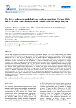 The Diet of an Invasive Crayfish, Cherax Quadricarinatus (Von Martens, 1868), in Lake Kariba, Inferred Using Stomach Content and Stable Isotope Analyses