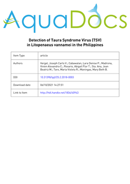 Detection of Taura Syndrome Virus (TSV) in Litopenaeus Vannamei in the Philippines