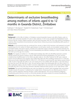 Determinants of Exclusive Breastfeeding Among Mothers of Infants Aged 6 to 12 Months in Gwanda District, Zimbabwe Paddington T
