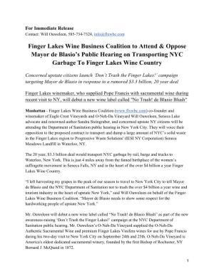 Finger Lakes Wine Business Coalition to Attend & Oppose Mayor De