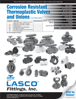Corrosion Resistant Thermoplastic Valves and Unions LIST PRICE SHEET