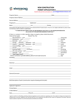 NEW CONSTRUCTION PERMIT APPLICATION # Submit All Permits and Plans To: Permits@Whitesborotexas.Com
