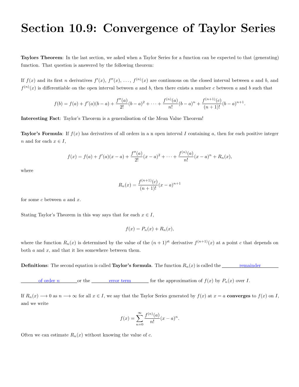 Section 10.9: Convergence of Taylor Series