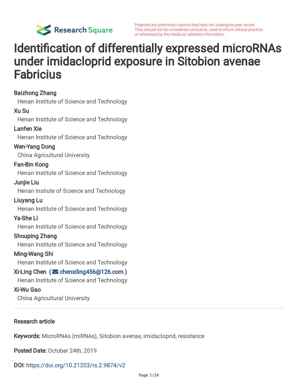 Identification of Differentially Expressed Micrornas Under Imidacloprid Exposure in Sitobion Avenae Fabricius