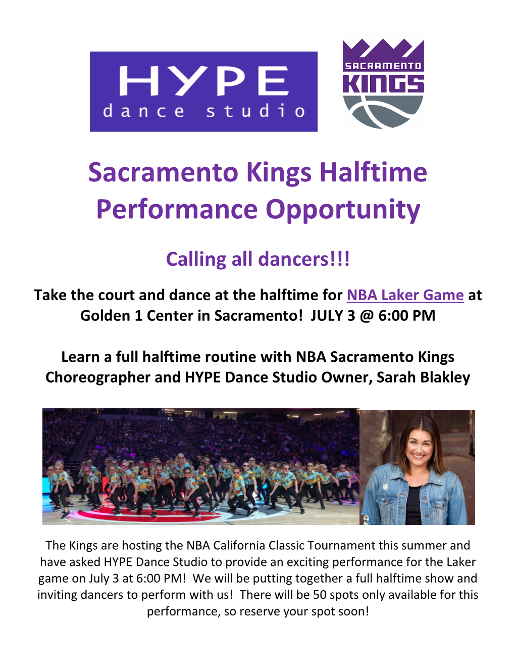 Sacramento Kings Halftime Performance Opportunity