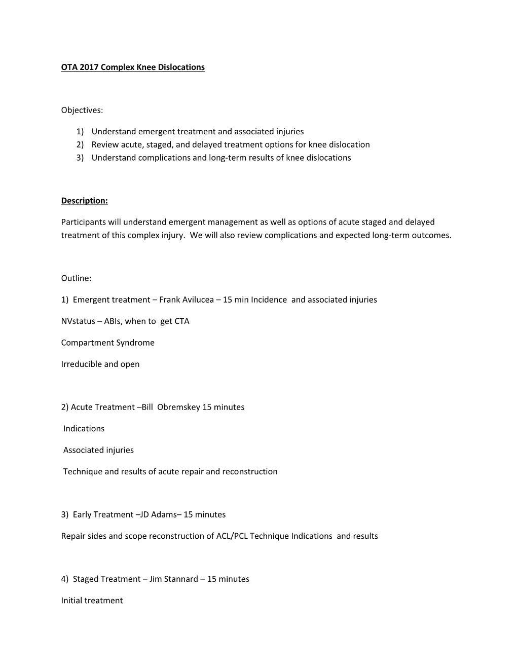 OTA 2017 Complex Knee Dislocations Objectives