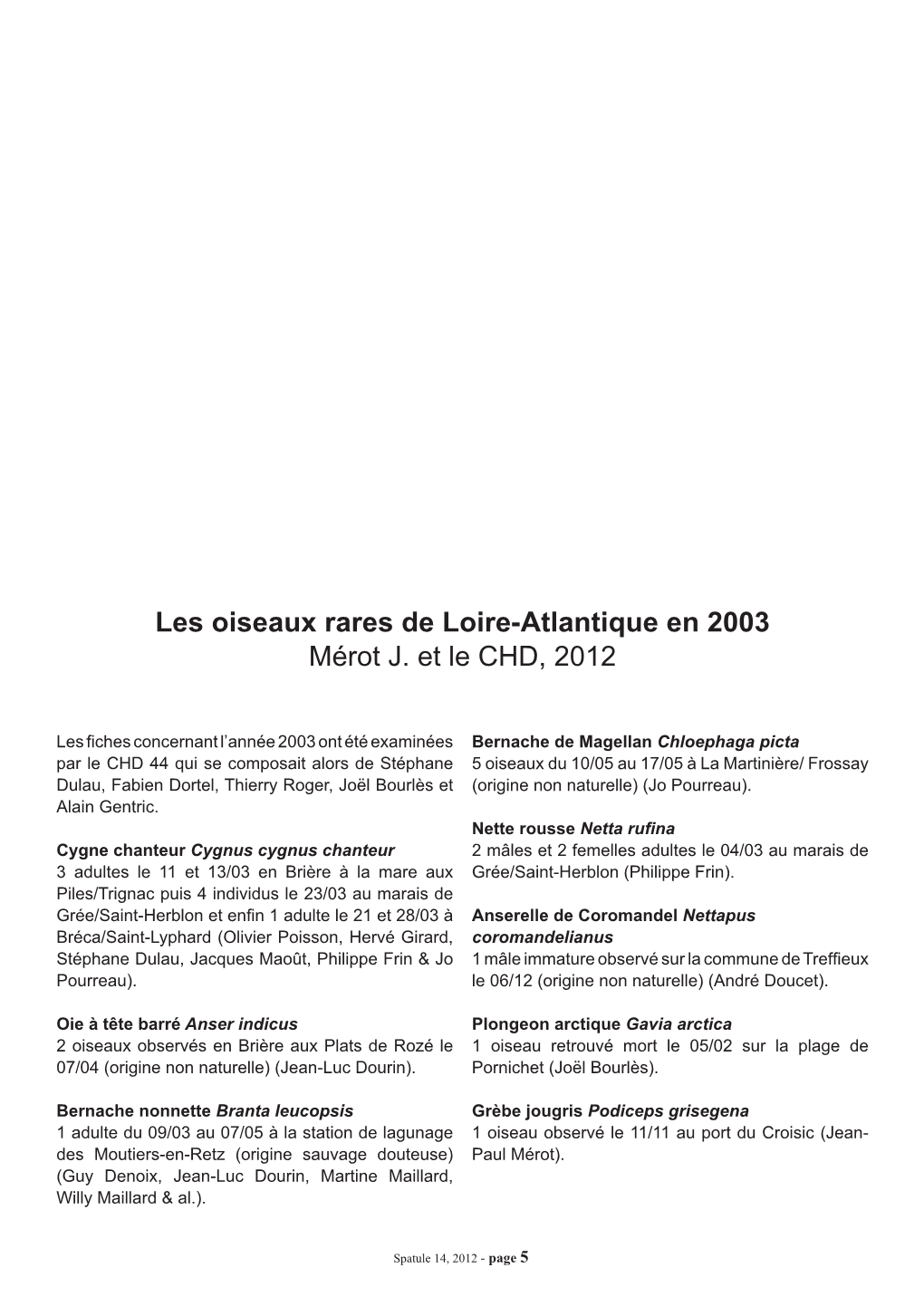 Les Oiseaux Rares De Loire-Atlantique En 2003 Mérot J. Et Le CHD, 2012