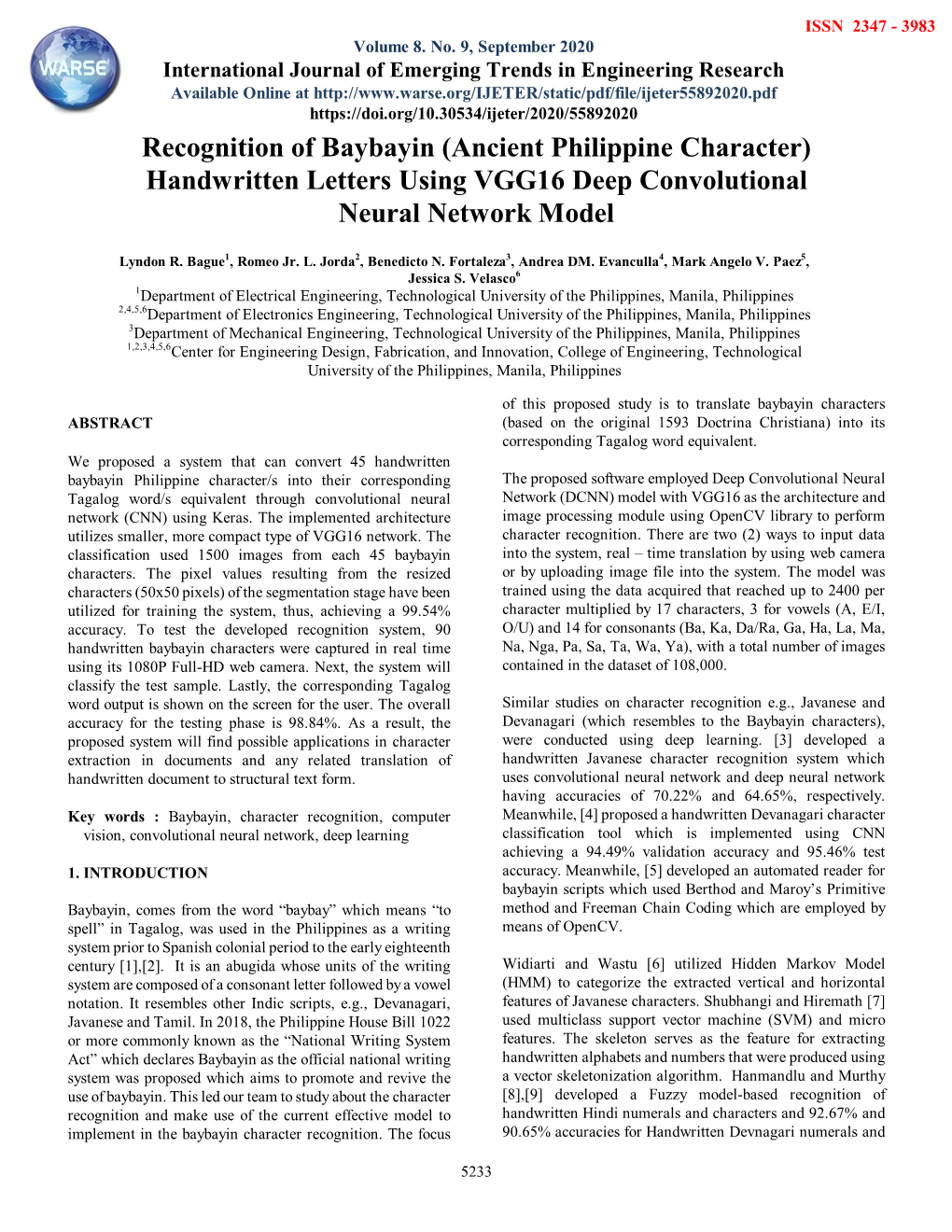 Recognition of Baybayin (Ancient Philippine Character) Handwritten Letters Using VGG16 Deep Convolutional Neural Network Model