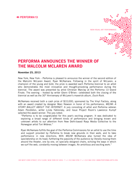 Performa Announces the Winner of the Malcolm Mclaren Award