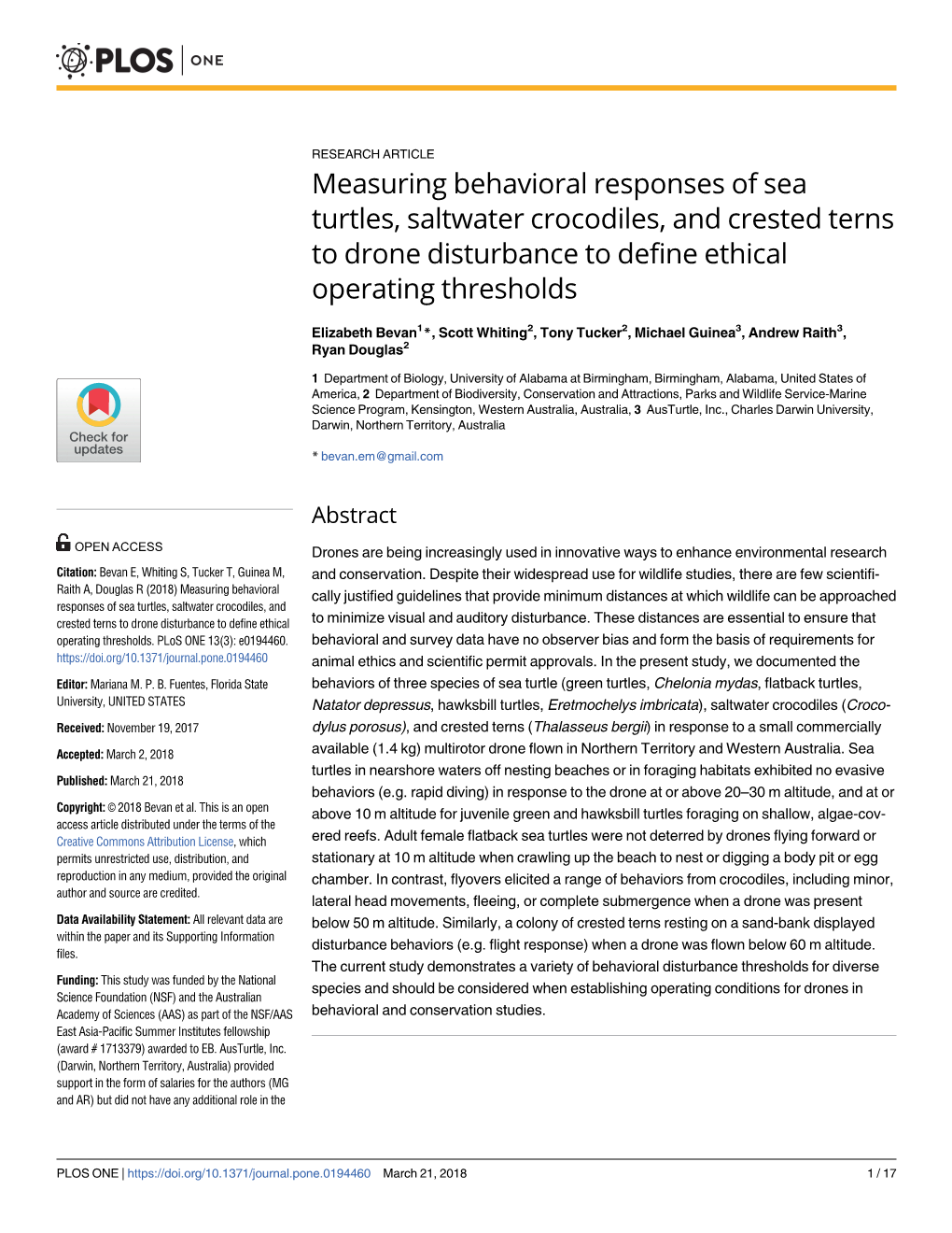 Measuring Behavioral Responses of Sea Turtles, Saltwater Crocodiles, and Crested Terns to Drone Disturbance to Define Ethical Operating Thresholds