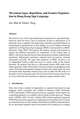 Movement Types, Repetition, and Feature Organiza- Tion in Hong Kong Sign Language Joe Mak & Gladys Tang
