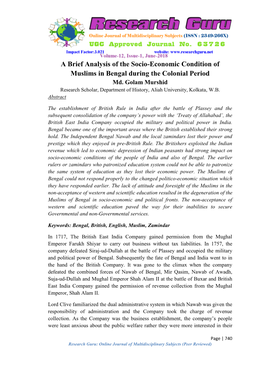 A Brief Analysis of the Socio-Economic Condition of Muslims in Bengal During the Colonial Period Md