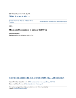 Metabolic Checkpoints in Cancer Cell Cycle