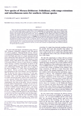 New Species of Moraea (Iridaceae: Iridoideae), with Range Extensions and Miscellaneous Notes for Southern African Species