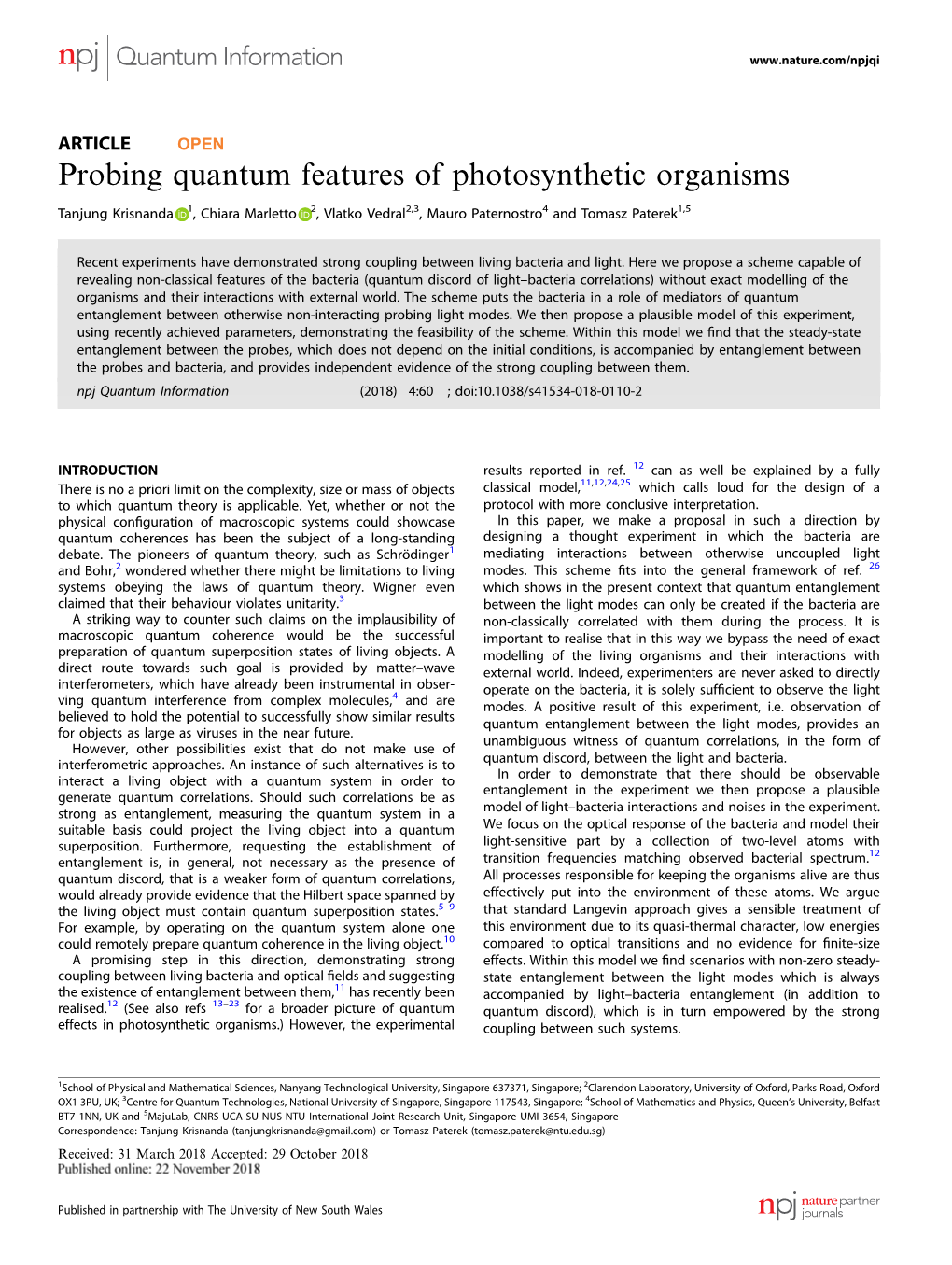 Probing Quantum Features of Photosynthetic Organisms