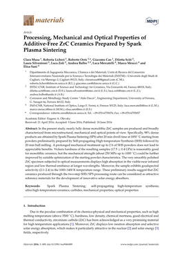 Processing, Mechanical and Optical Properties of Additive-Free Zrc Ceramics Prepared by Spark Plasma Sintering