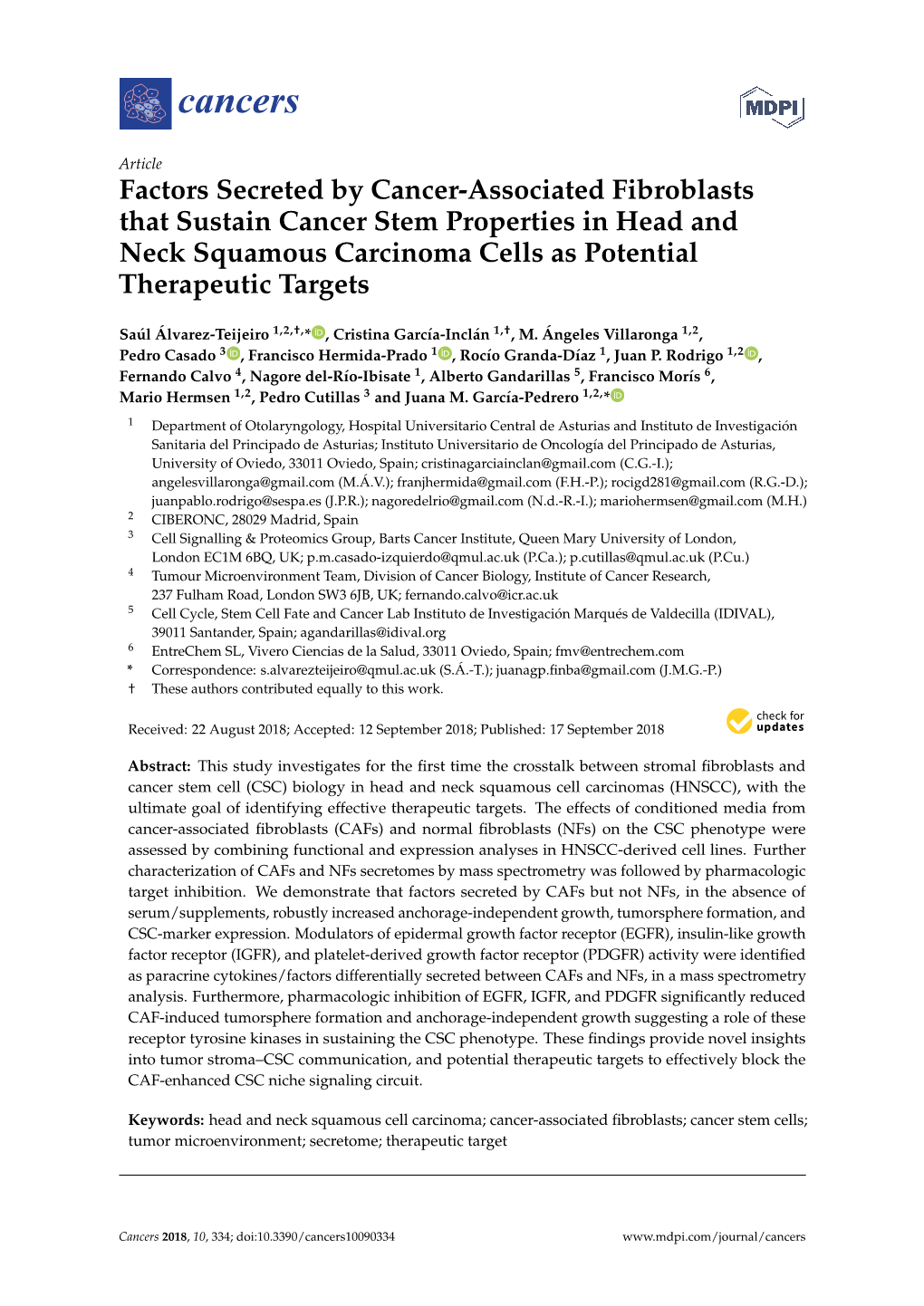 Factors Secreted by Cancer-Associated Fibroblasts That Sustain Cancer Stem Properties in Head and Neck Squamous Carcinoma Cells As Potential Therapeutic Targets