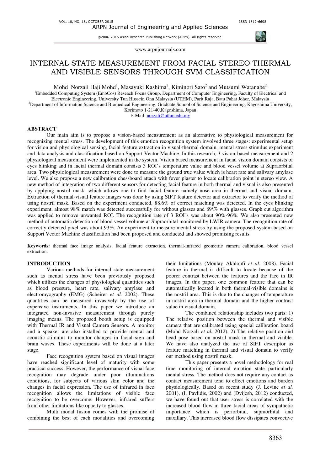 Internal State Measurement from Facial Stereo Thermal and Visible Sensors Through Svm Classification