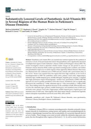 Substantively Lowered Levels of Pantothenic Acid (Vitamin B5) in Several Regions of the Human Brain in Parkinson’S Disease Dementia