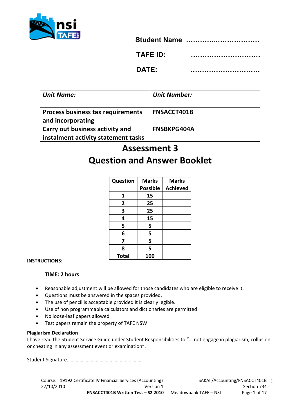 Question and Answer Booklet