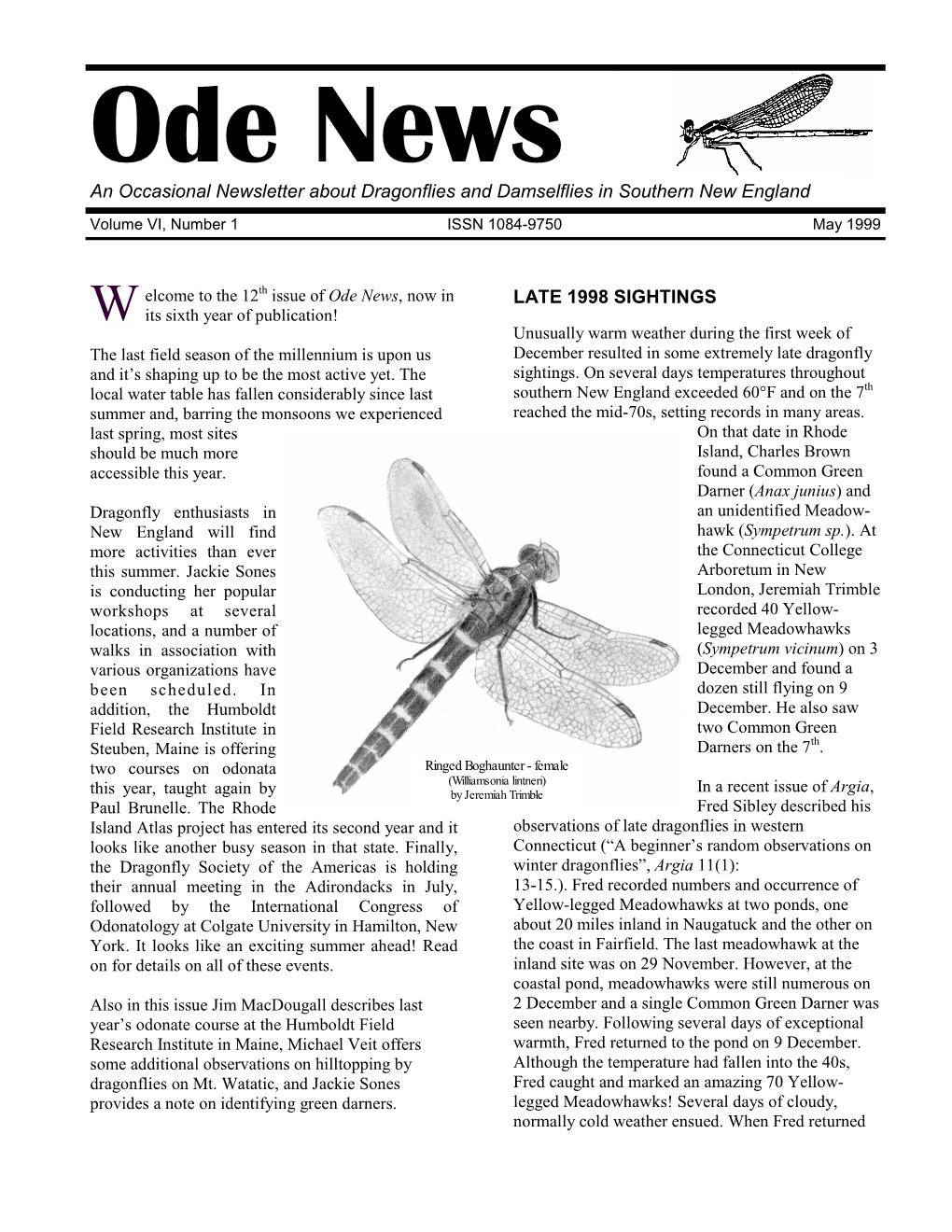 Ode News an Occasional Newsletter About Dragonflies and Damselflies in Southern New England