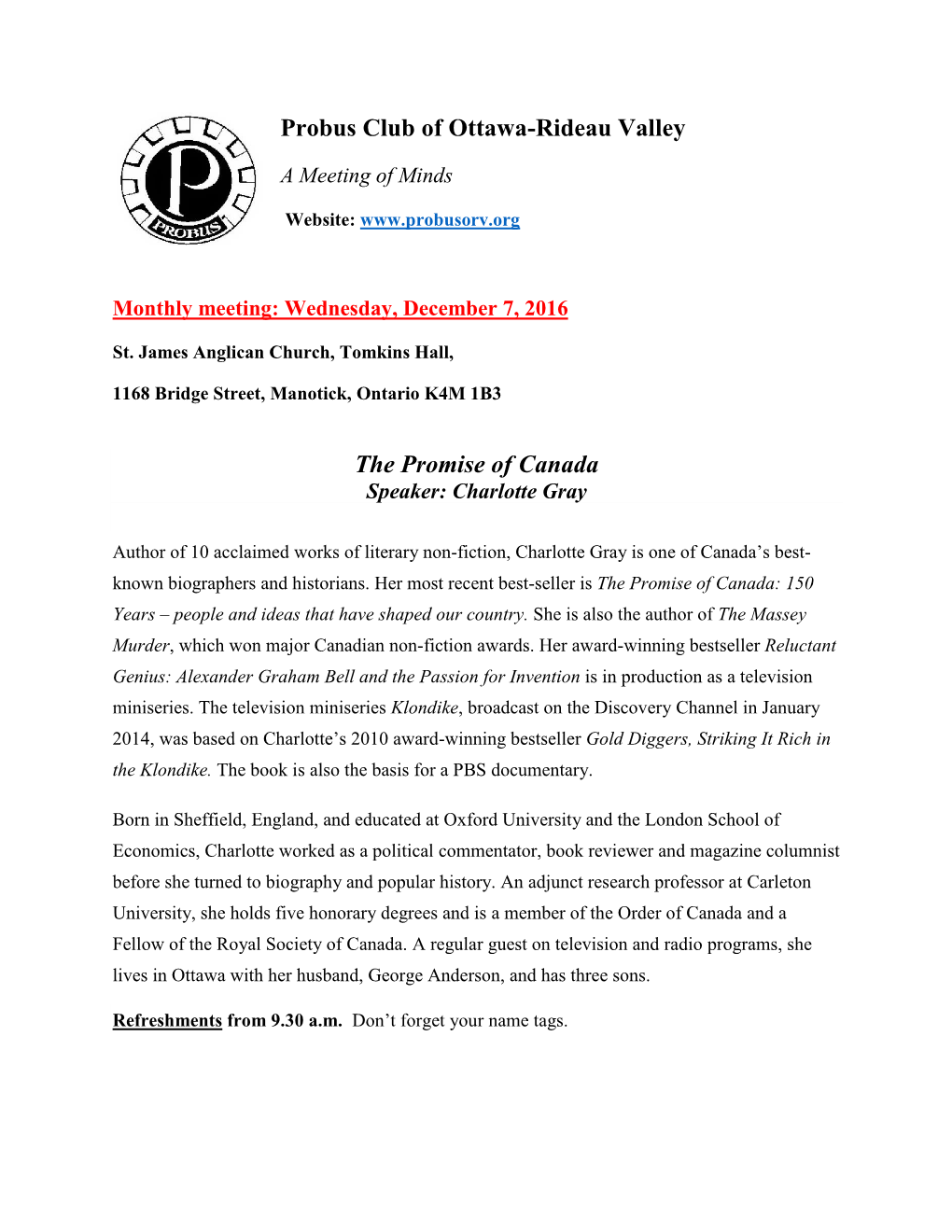 Probus Club of Ottawa-Rideau Valley the Promise of Canada