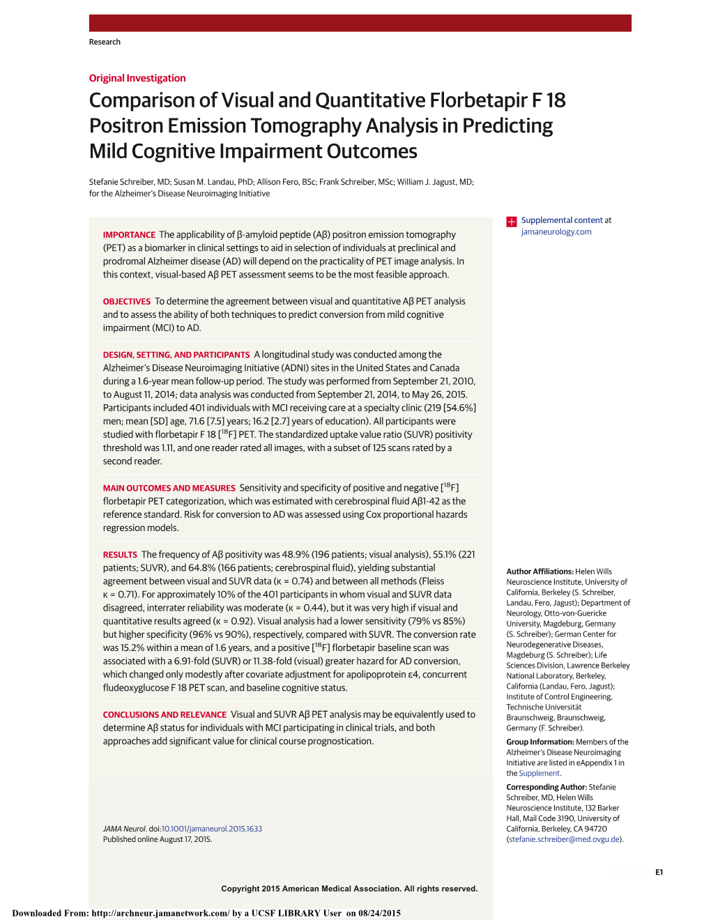 Comparison of Visual and Quantitative Florbetapir F 18 Positron Emission Tomography Analysis in Predicting Mild Cognitive Impairment Outcomes