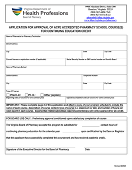 Application for Approval of ACPE Pharmacy School Course(S)