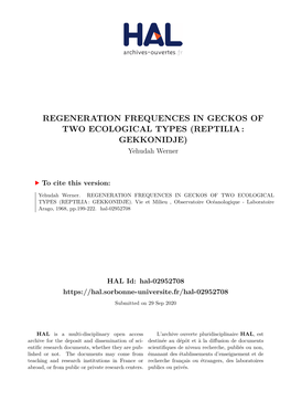 REGENERATION FREQUENCES in GECKOS of TWO ECOLOGICAL TYPES (REPTILIA : GEKKONIDJE) Yehudah Werner