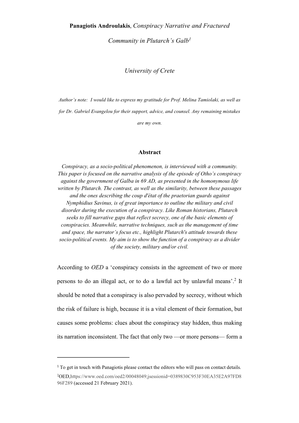 Panagiotis Androulakis, Conspiracy Narrative and Fractured Community in Plutarch's Galb1 University of Crete