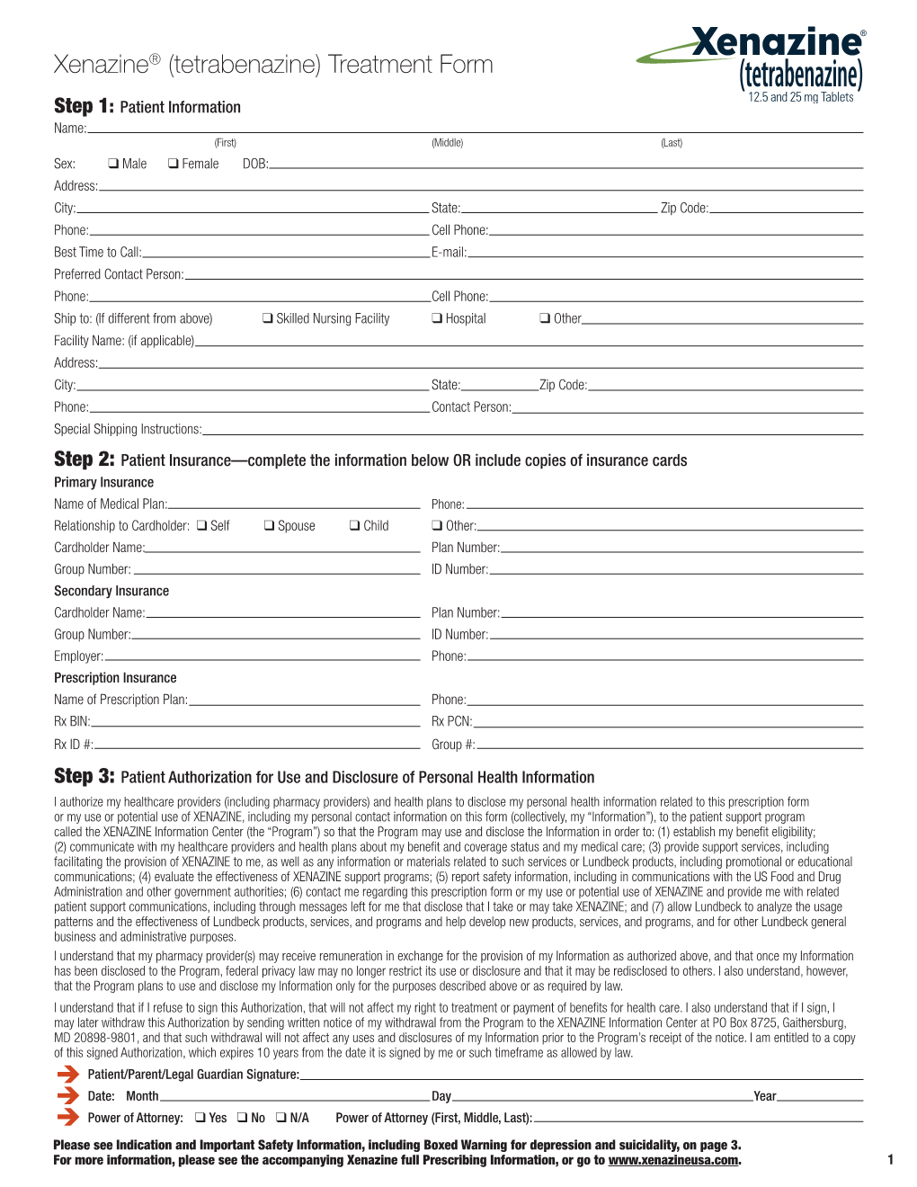 Xenazine® (Tetrabenazine) Treatment Form